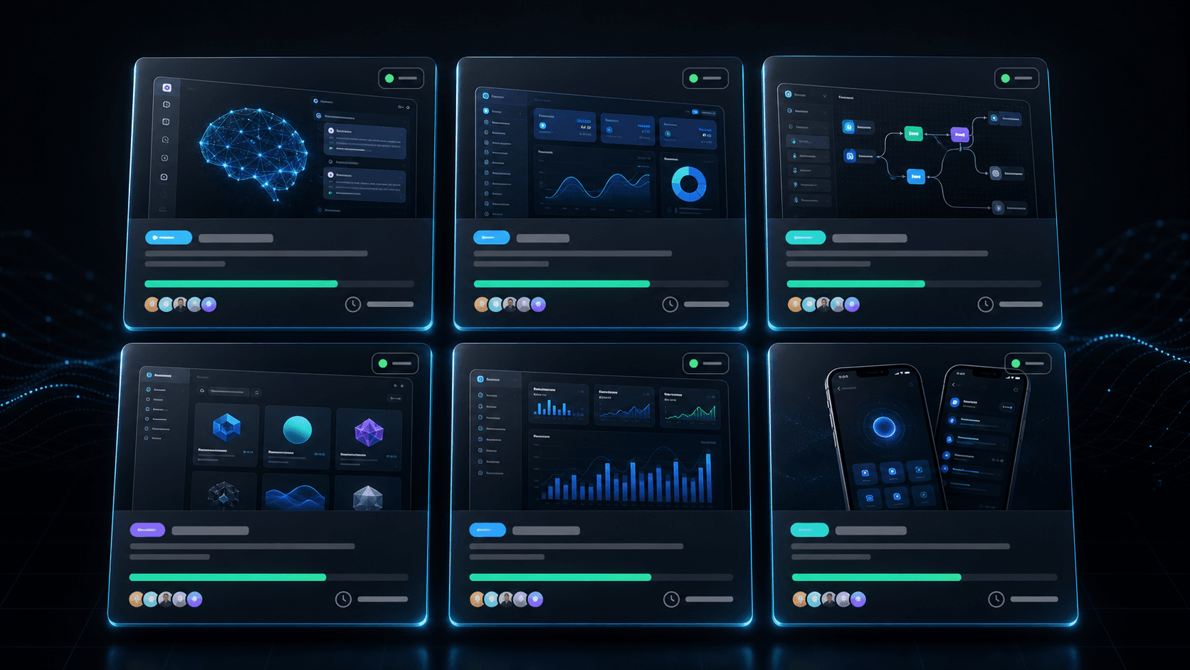 Grade visual de campanhas de software com cards, progresso e apoiadores.