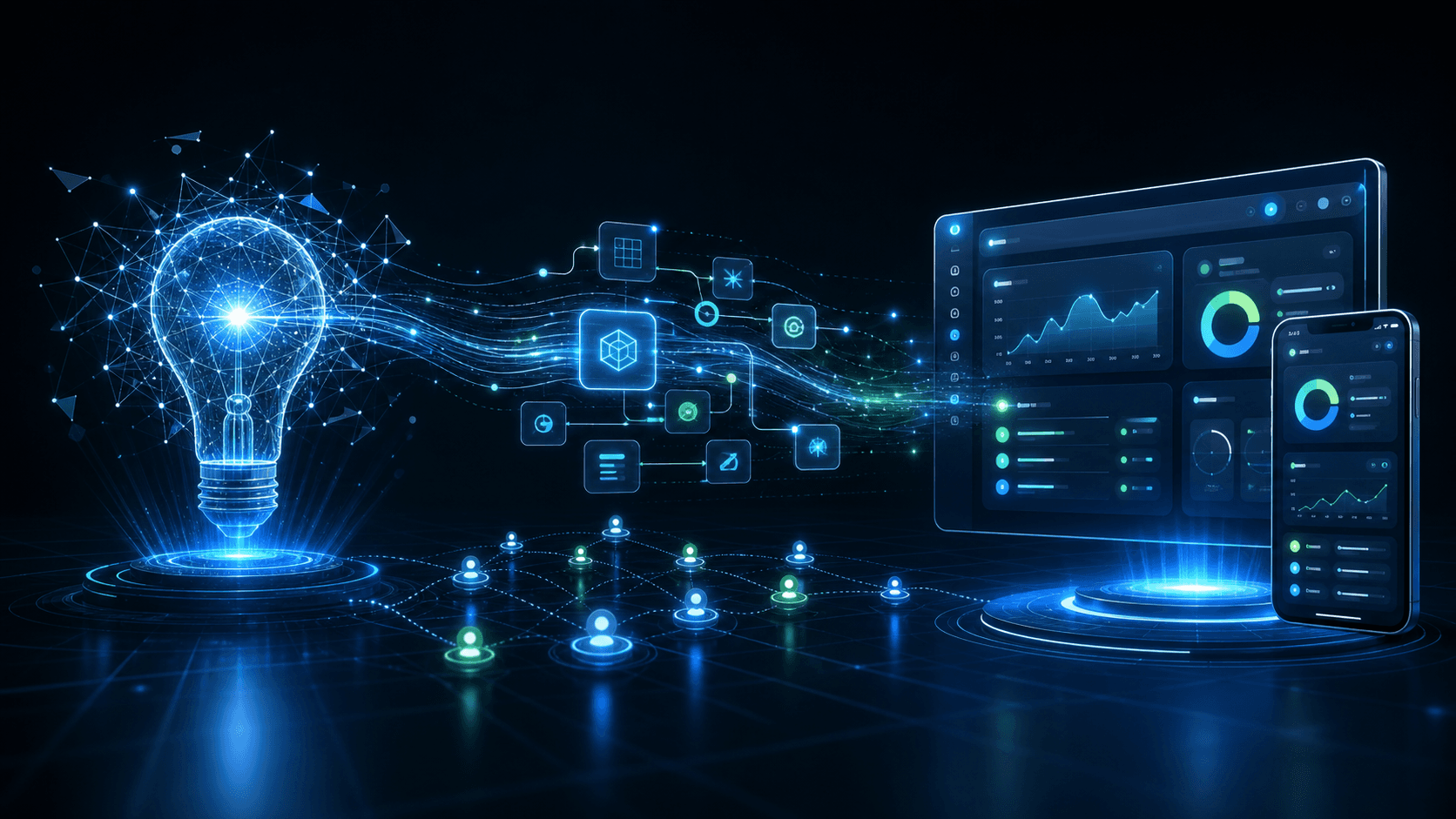 Ideia luminosa se transformando em dashboards e aplicativo.