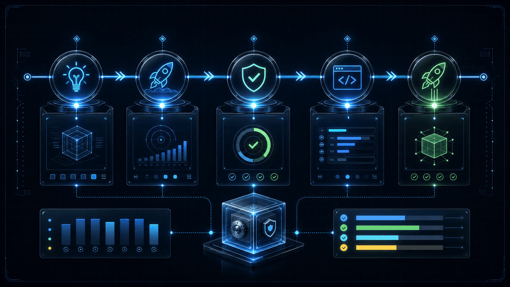 Fluxo visual de milestones, pagamentos e desenvolvimento de software.