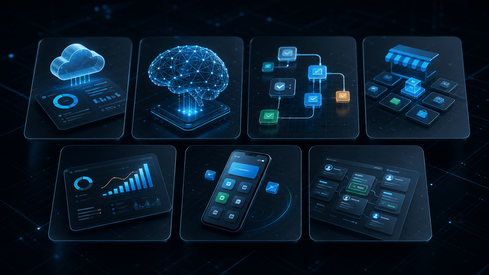 Colagem visual de categorias de software: SaaS, IA, automacoes, marketplaces e dashboards.